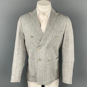 MR.RICK TAILOR Size 40 Grey Herringbone Linen Double Breasted Sport Coat
